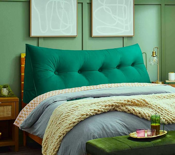 Triangular Reading Bed Rest Pillow Large Bolster Cushion Headboard Backrest Wedge Pillow with Removable Cover and Two Large Side Pockets (Green, King: 78 x 8 x 20 inches)