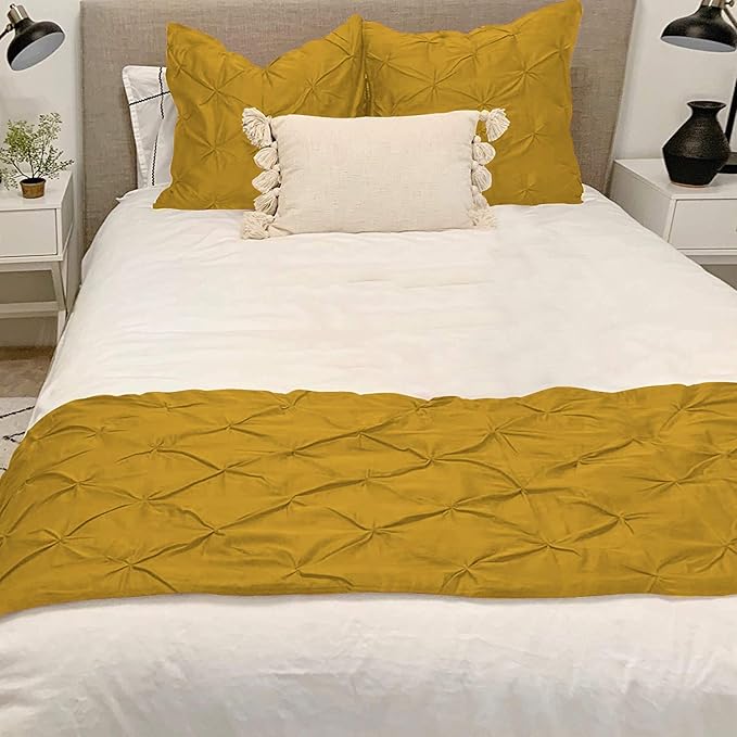 Bed Runner Set - 100% Pure Cotton 800 Thread Count - Luxury 1 Pinch Pleated Bed Runner and 2 Pillow Cover - 3 Piece Pinch Pleated Bed Runner Set California King, Gold