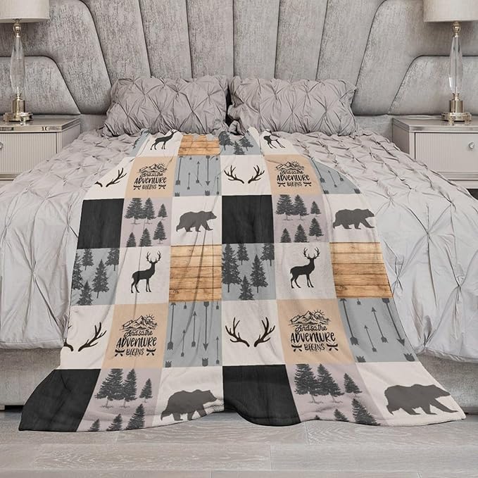 Rustic Cabin Throw Blanket, Retro Camping Bear Deer Farmhouse Wildlife Tree Forest Brown Gray Print Warm Flannel Blanket for Bedroom Camping Travel, 40"x50"