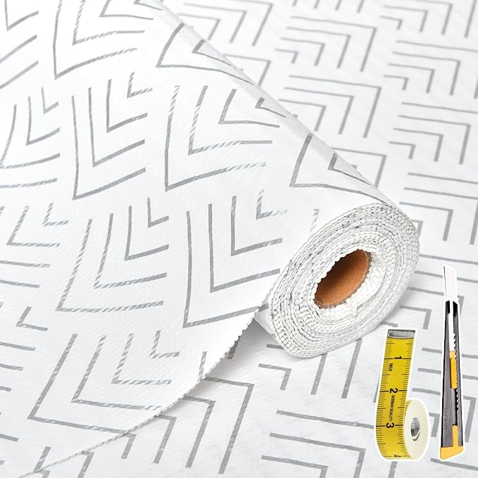 Shelf Liner for Kitchen Cabinets Non Adhesive Drawer Liner Non-Slip Thickened Shelf Liner Paper Strong Easy to Clean for Tool Box Refrigerator with Knife and Tape Measure,Silver Arrow,11.8 x 118 in