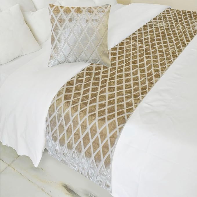 The HomeCentric King/Queen/Twin Ivory Decorative Bed Runner CA King 86"x18" Bed Runner with One Pillow Cover, Diamond Pattern, Velvet Cut Bed Scarf on Velvet Fabric - Ivory Velvet Verve
