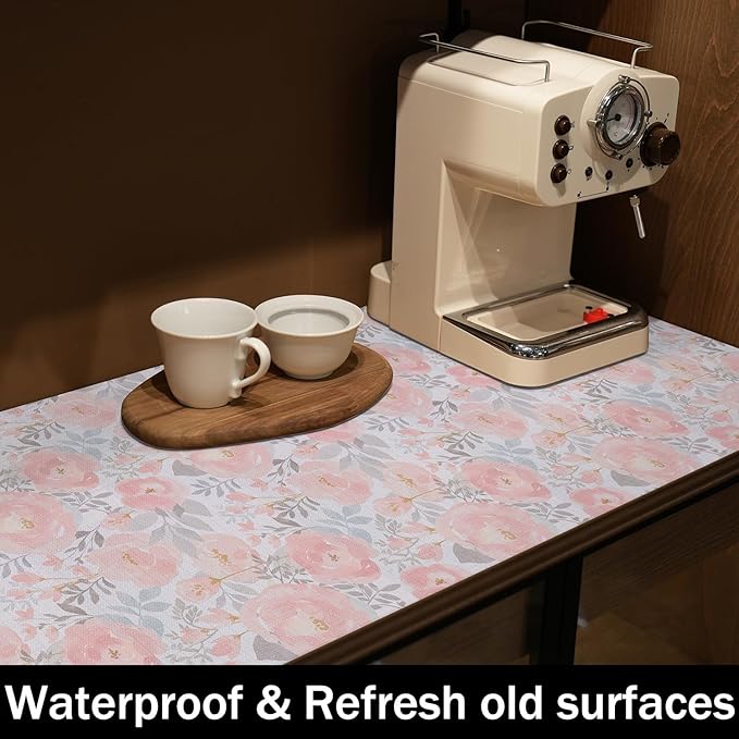 Floral Shelf and Drawer Liner for Kitchen,12IN x 20FT Non-Adhesive and Strong Non-Slip Peony Cabinet Drawer Liners for Kitchen Shelf, Waterproof Cupboard Liners,Easy to Clean