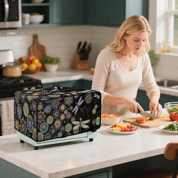 Boho Mandala Dragonfly Print Toaster Oven Cover Dust-Proof Microwave Oven Cloth Cover with Storage Pockets Waterproof Kitchen Machine Covers Case Protections Protector, M