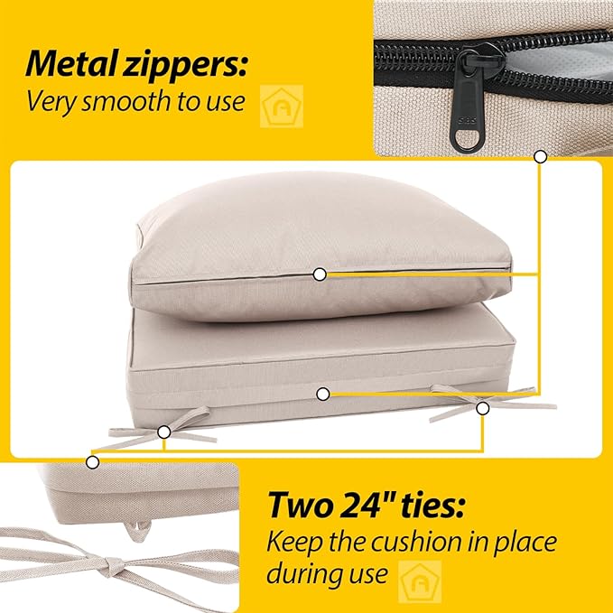 AAAAAcessories Outdoor Deep Seat Cushions, Waterproof, Fade-Resistant Patio Furniture Replacement Cushions, 25.5" x 25.5" x 5" + 25.5" x 13.5", Set of 4, Khaki Beige