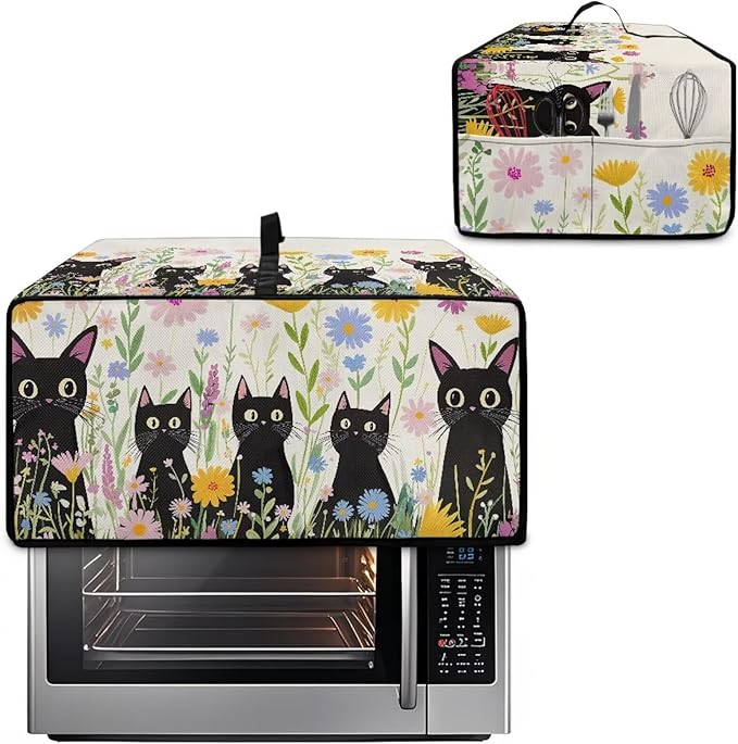Countertop Microwave Oven Cover with Side Pockets, Dust Protection Small Appliance Toaster Ovens Dust Cover, L, 18.5 x 22.5 x 13 Inches, Cartoon Black Cat Daisy Flower