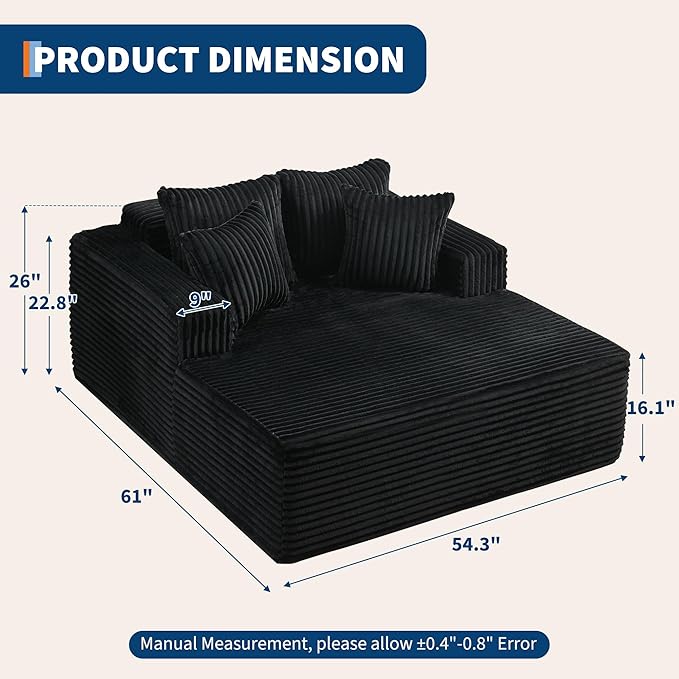 61" Oversized Chaise Lounge Chair Indoor, Boneless Couch Cloud Fluffy Chaise Lounges Corduroy Upholstered Sofa Bed w/Throw Pillows for Living Room Home Black