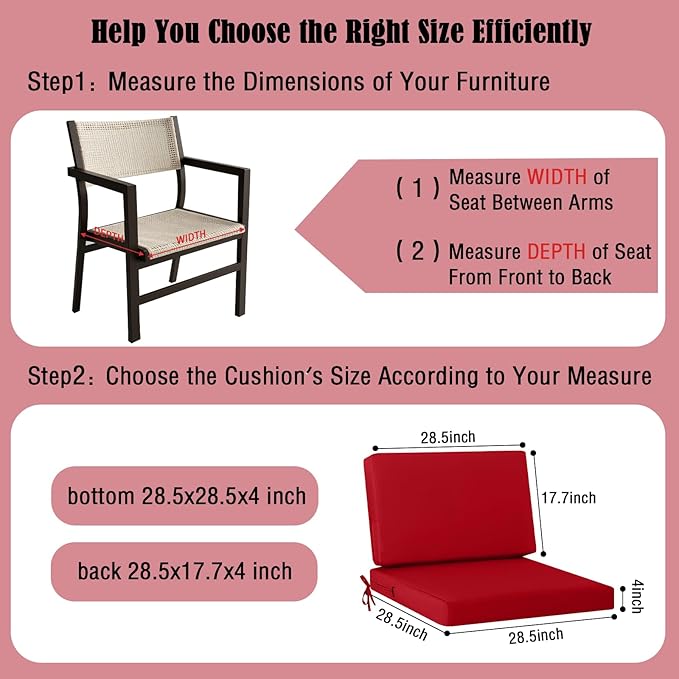idee-home Outdoor Cushions for Patio Furniture, Outdoor Seat Cushion, Waterproof Couch Hampton Bay Deep Seat Replacement Chair Cushions for Garden Lawn Backyard Deck, 28.5 x 28.5 Red