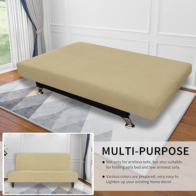 Easy-Going Stretch Futon Slipcover Armless Futon Bed Cover Furniture Protector Without Armrests with Elastic Bottom for Kids, Soft Jacquard Fabric Small Checks (Large, Beige)