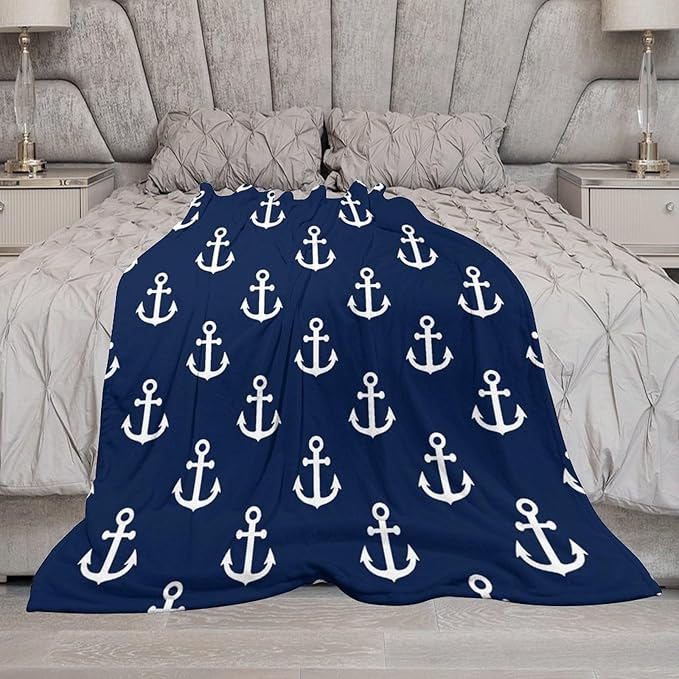 Anchor Blanket Vintage Rustic Ocean Nautical Style Navy Blue White Soft Cozy Lightweight Throw Blanket for Kids Girls Boys Women Men Bedroom Living Room Dorm Chair Sofa Travel 70x80in