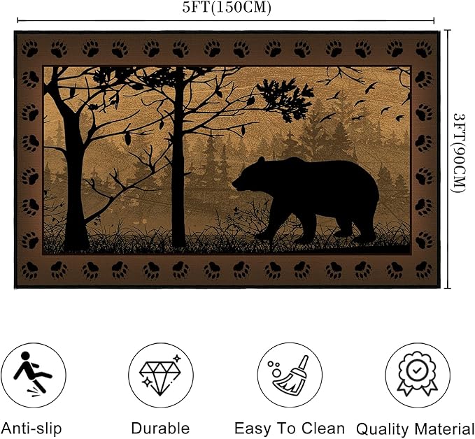 Rustic Area Rug 3x5,Bear Country Cabin Wildlife,Ultra-Thin Washable Throw Carpet Brown Rugs for Bedroom Indoor Vintage Rugs Non Slip Accent Floor Carpets for Bedside,Entryway,Living Room,Office