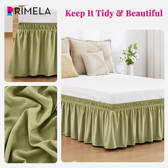 RIMELA Sage Green Bed Skirt Queen Size 15 Inch Drop, Elastic Bed Skirting for Bed Base and Frame, Bedding Dust Ruffle Easy to Install, Wrap Around Adjustable Bedskirt