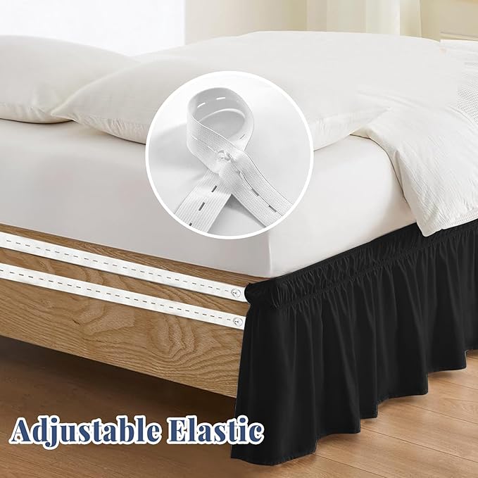 Full Bed Skirt, Elastic Wrap Around Bed Skirt Full Size, Bed Skirts for Adjustable Bed, Easy Fit with 14" Drop Length Tailored Drop Dust Ruffle (Black)