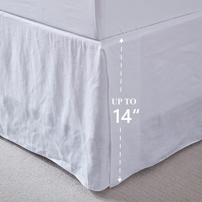 Simple&Opulence Belgian Linen Bed Skirt with Classic 14 inch Tailored Drop Dust Ruffle, Easy Fit Breathable Premium Natural Flax- Basic White, Queen