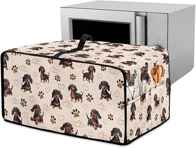 Dachshund Dog Heart Paw Print Toaster Oven Cover with Storage Bags Waterproof Dust Cover for Microwave Oven Polyester-Linen Fabric Small Appliance Dust Covers Fits Most Microwaves, S
