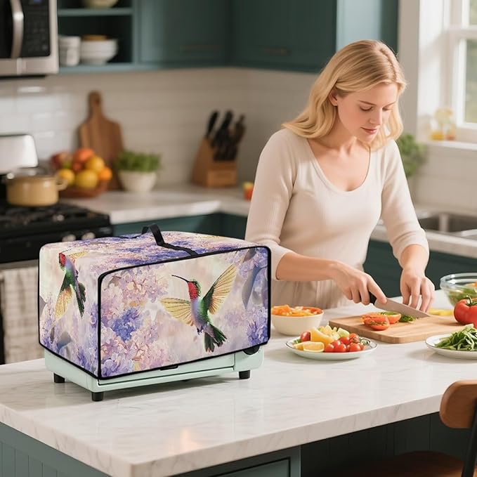 Hummingbird Hydrangea Floral Print Dust Cover for Microwave Oven Waterproof Heavy Duty Microwave Oven Cloth Cover with Storage Pockets Kitchen Appliance Protector, S