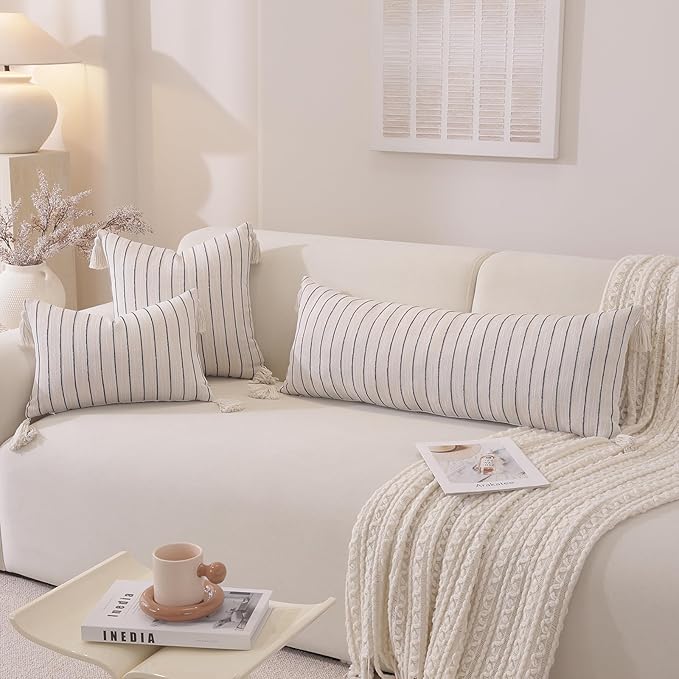 Decorative Boho Throw Pillow Cover 20x20 Inch Set of 2, Soft Textured Linen Striped Throw Pillows with Tassels, Farmhouse Decor Cushion Covers for Couch Bed Living Room, Dusty Blue