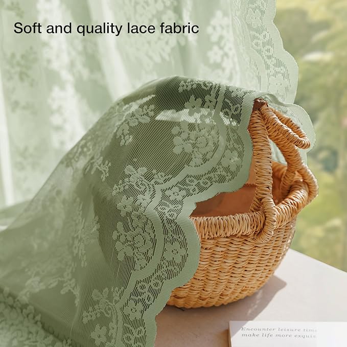 Anmao Vintage Sage Green Lace Curtains 108 Inches Long 2 Panels, Romantic Light Filtering Semi Sheer Floral Thick Lacy Curtain Drapes for Living Room and Bedroom, Each Panel 55W x 108L, Sage Green