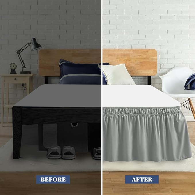 Queen Bed Skirt, Elastic Wrap Around Bed Skirt Queen Size, Bed Skirts for Adjustable Bed, Easy Fit with 18" Drop Length Tailored Drop Dust Ruffle (Grey)