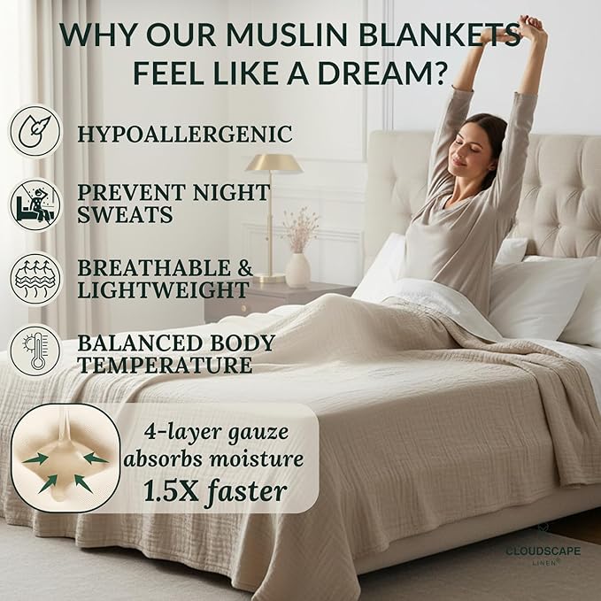 Cloud Scape Linen Oversized 4 Layer Muslin Blanket Twin Size - 100% Cotton, Lightweight & Breathable All Season Gauze, Pre-Washed, for Bed, Couch, fits Twin XL Bed,68x92, Beige Fog