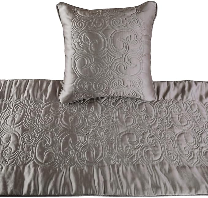 The HomeCentric Luxury Silver Twin 53 x 18 inch Bed Runner with Pillow Cover, Satin Quilted Bed Scarf, Abstract Modern - Silver Soft