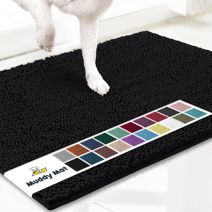 Muddy Mat® AS-SEEN-ON-TV Highly Absorbent Microfiber Door Mat and Pet Rug, Non Slip Thick Washable Area and Bath Mat Soft Chenille for Kitchen Bathroom Bedroom Indoor and Outdoor - Black Large 35"X24"