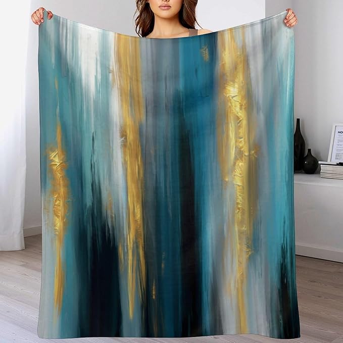 Fashion Gradient Blanket, Modern Abstract Art Gold Lake Blue Painting Strokes Pattern Soft Warm Cozy Plush Flannel Covers for Livingroom Bedroom Couch Chair Camping Travel Home Decor Tapestry 30x40in