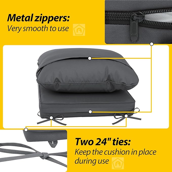 AAAAAcessories Outdoor Deep Seat Cushions, Waterproof, Fade-Resistant Patio Furniture Replacement Cushions, 23.5" x 25.5" x 5" + 23.5" x 19", Dark Gray