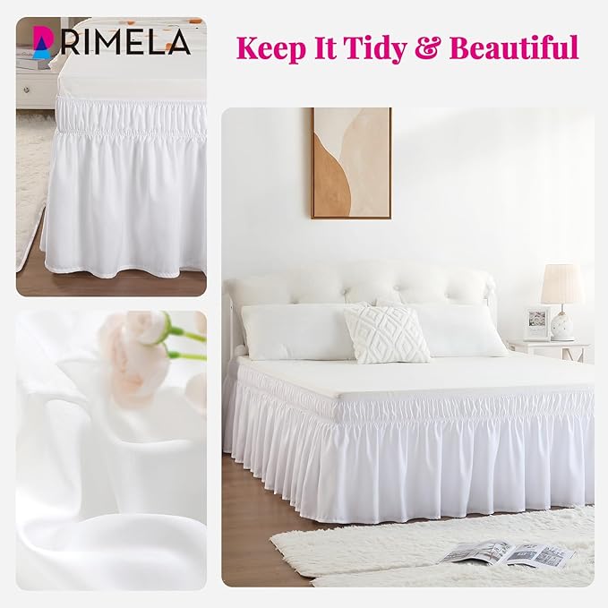 RIMELA White Bed Skirt Queen Size 16 Inch Drop, Elastic Bed Skirting for Bed Base and Frame, Bedding Dust Ruffle Easy to Install, Lightweight Wrap Around Adjustable Bedskirt