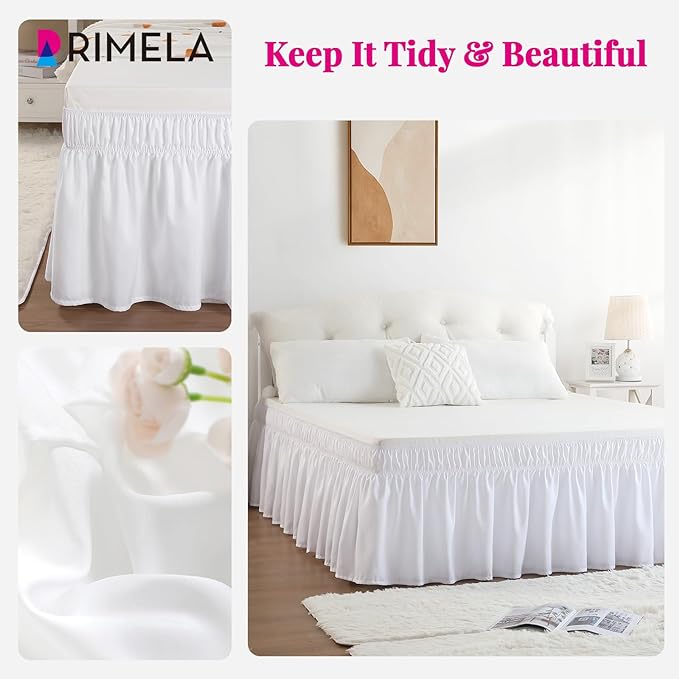 RIMELA White Bed Skirt Queen Size 15 Inch Drop, Elastic Bed Skirting for Bed Base and Frame, Bedding Dust Ruffle Easy to Install, Wrap Around Adjustable Bedskirt