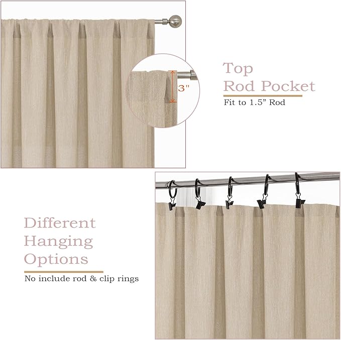 Simplebrand Natural Semi Sheer Faux Linen Textured Curtains 84 Inches Long 2 Panels, Light Filtering Farmhouse Bedroom Curtains, Farmhouse Rod Pocket Soft Thick Window Drapes for Living Room, 50Wx84L