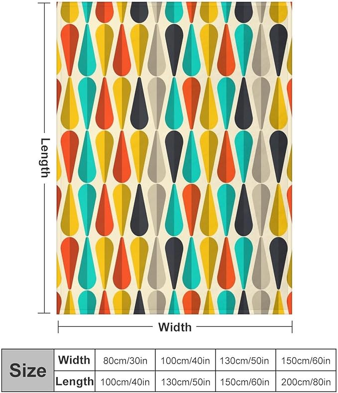 Mid Century Throw Blanket, Modern Drop Shape Retro Colors Boho Orange Teal Black Geometric Pattern Throws Blankets for aby Toddler Dog Cat 60"x80"