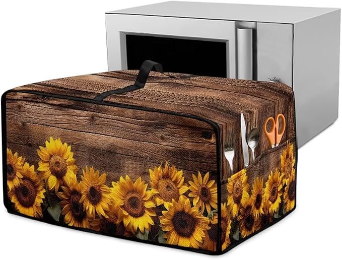 Microwave Oven Cover Vintage Sunflower Wood Grain Print Waterproof Toaster Oven Dustproof Cover Large Size Kitchen Appliance Protector with Storage Bag Machine Washable, M