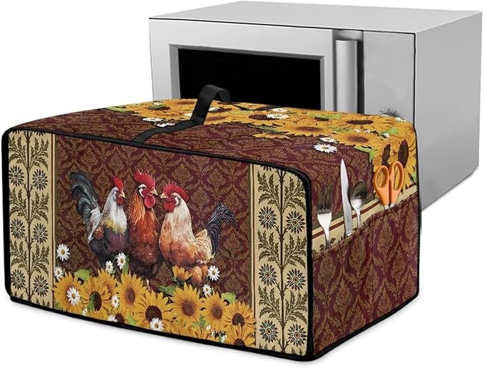 Microwave Oven Cover Waterproof Heavy Duty Microwave Oven Dust Cover with Storage Pockets Reusable Decor Accessories for Kitchen, Vintage Rooster Chicken Sunflower Daisy Floral Print, S