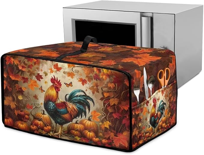 Air Fryer Toaster Oven Cover with Pockets, Stain-resistant Microwave Oven Protector for Kitchen Countertop, S, 14.5 x 18.5 x 9 Inches, Chicken Rooster Pumpkin Fall Leaves