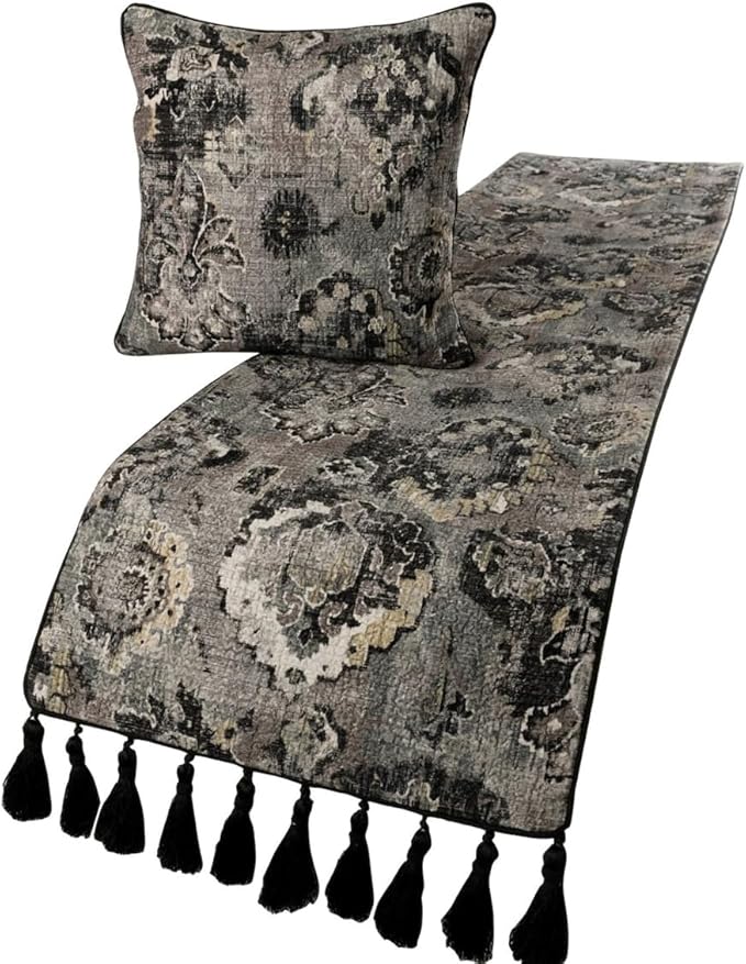 The HomeCentric Decorative Black & Grey CA King 86 x 18 inch Bed Runner with 2 Matching Pillow Cover, Velvet Damask with Tassels Bed Scarf, Abstract Modern - Paved Damask