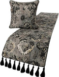 The HomeCentric Luxury Black & Grey Queen 74 x 18 inch Bed Runner with 2 Pillow Cover, Velvet Damask with Tassels Bed Scarf, Abstract Modern - Paved Damask