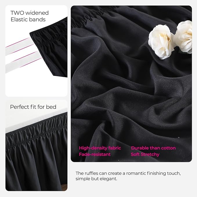 RIMELA Bed Skirt Wrap Around Elastic Dust Ruffles Solid Color Wrinkle and Fade Resistant with Adjustable Elastic Belt Easy to Install Black for Queen Size 18 Inch Drop