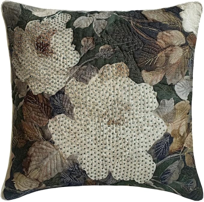 The HomeCentric King/Queen/Twin Gray & Brown Designer Full 68"x18" Bed Runner with Pillow Cover, Rose, Floral & Bead Embroidery Bed Scarf on Cotton Fabric - Rada