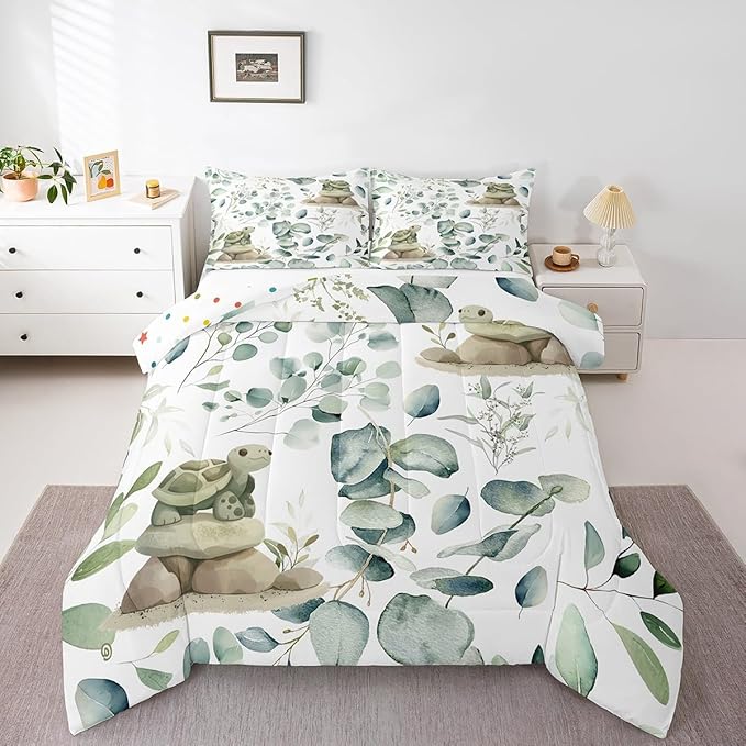 Erosebridal Kawaii Turtle Bedding King Size for Boys Girls Cartoon Animal Comforter Set King, Eucalyptus Leaves Duvet Insert Marine Wildlife Quilt Set, Tropical Plants Bedding Comforters & Sets