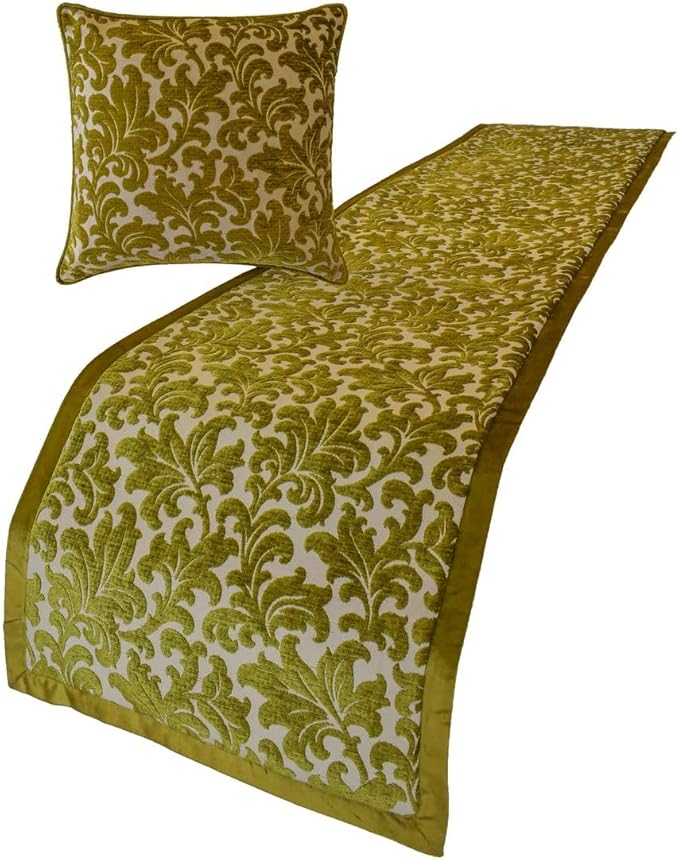 The HomeCentric King/Queen/Twin Chartreuse Decorative CA King 86"x18" Bed Runner with Pillow Cover, Velvet, Floral Pattern Bed Scarf on Velvet Fabric - Enchanted Chartreuse