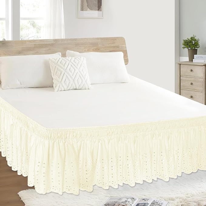 Queen Bed Skirt, Wrap-Around Elastic Ruffled Eyelet Bed Skirt Queen Size Dust Ruffle with Gathered Styling and Embroidered Details, 18" Drop Length (Light Yellow)