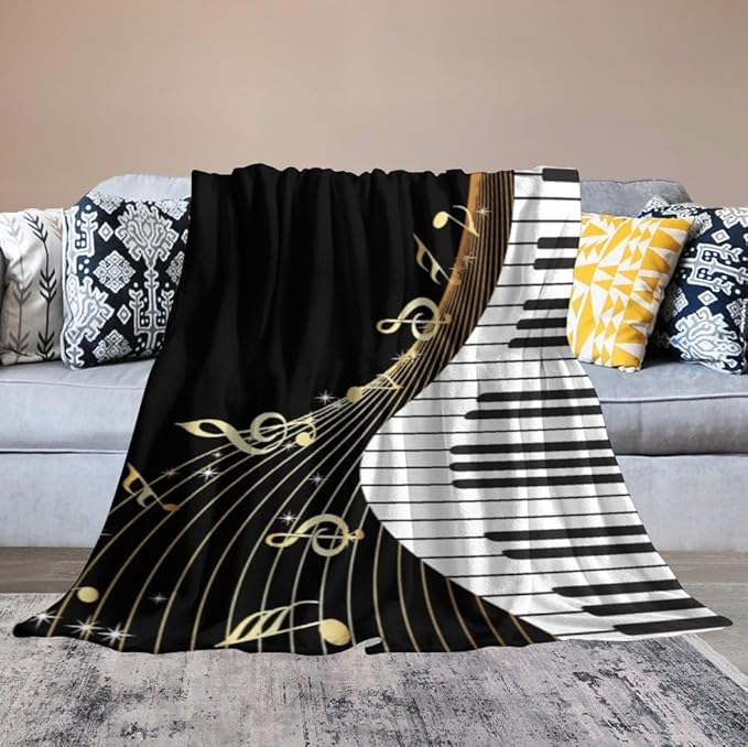 Music Note Blanket Black White Piano Keys Gold Music Note Soft Cozy Lightweight Throw Blanket for Kids Girls Boys Bedroom Living Room Dorm Chair Sofa Travel 50x60in