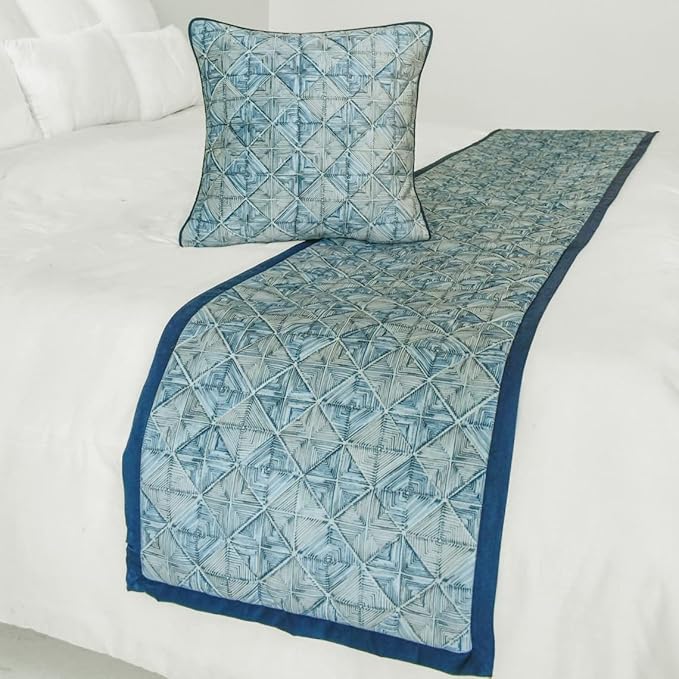 The HomeCentric King/Queen/Twin Blue Decorative CA King 86"x18" Bed Runner with 2 Pillow Cover, Indigo, Printed & Quilted Bed Scarf on Suede Fabric - Indigo Centric