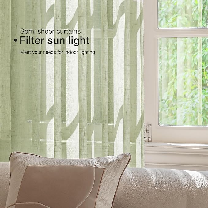 Anmao Natural Linen Curtains for Living Room 63 Inch Length 2 Panels Set, Light Filtering Semi Sheer Window Curtain Drapes for Bedroom with Curtain Rings and Clips, 52 Inch Wide Each Panel, Sage