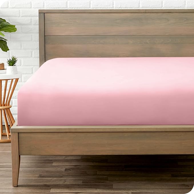 Bare Home Fitted Bottom Sheet Queen Size - Premium 1800 Microfiber - Ultra-Soft Hotel Luxury - Deep Pocket - Durable and Long Lasting - Fitted Sheet (Queen, Light Pink)