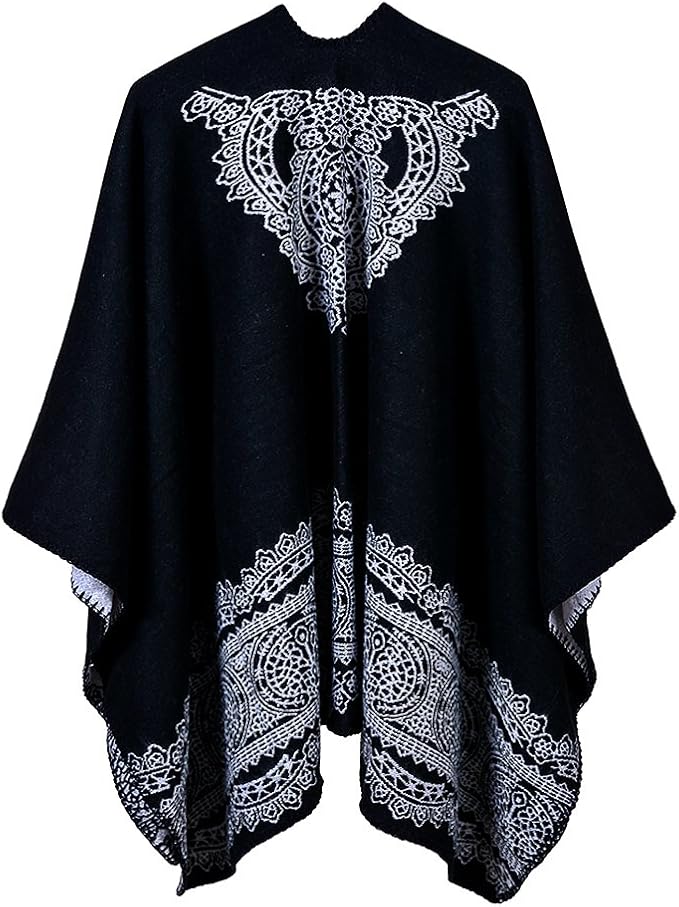 Women's Vintage Pattern Open Front Poncho Cape Shawl Winter Shawl Wraps