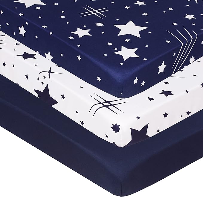 Belsden Pack of 3 Mini Crib Sheet Set, Pack N Play Sheet Set for Baby Boys and Girls, Cloudy Soft Touch and Machine Washable, Fitted Playard/Portable Crib Sheet, White Star & Navy & Navy Star