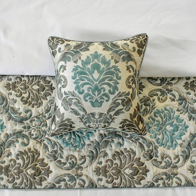 The HomeCentric King/Queen/Twin Blue Designer Queen 74"x18" Bed Runner with 2 Pillow Cover, Damask Bed Scarf on Jacquard Fabric - Royal Elegance