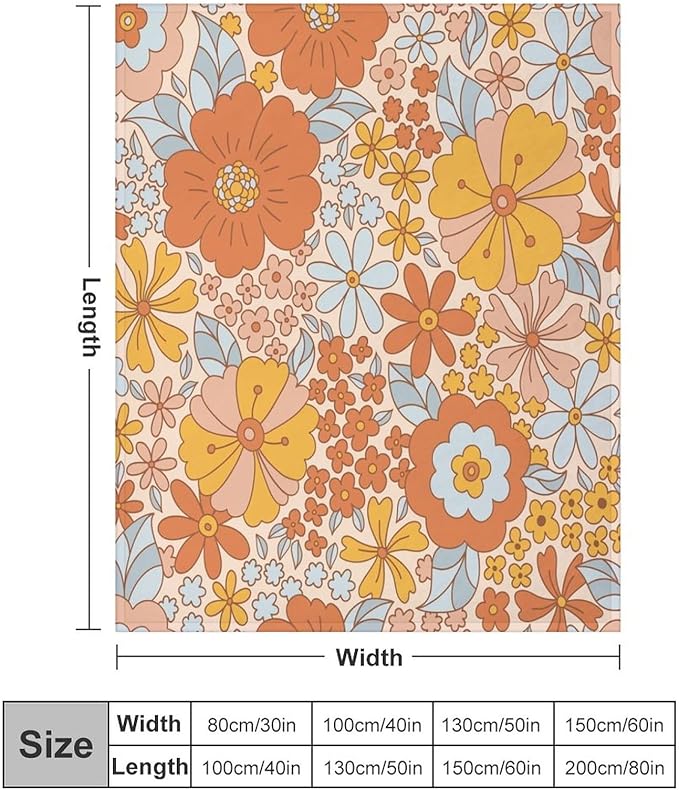 Retro 70s Floral Blanket, Hippie Summer Groovy Flower Power Flower Boho Print Throw Blanket for Couch Sofa Couch Chair 40"x50"