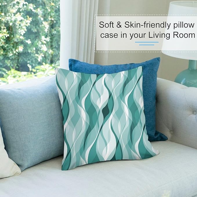 Teal Throw Pillow Covers Abstract Turquoise and Grey Striped Decorations for Bedroom Living Room Farmhouse Sofa Pillows Bed Couch 16x16 Inch